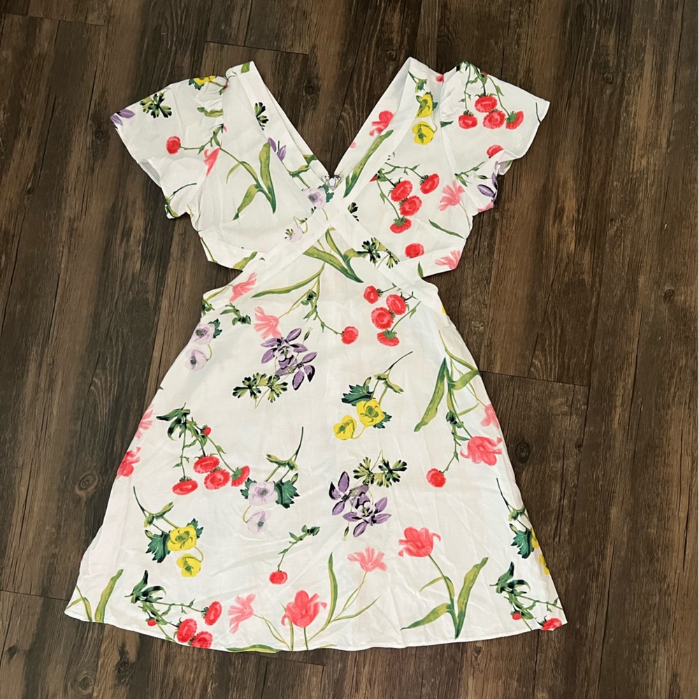 LOFT Floral Print Cut Out Dress with Red and Yellow Accents